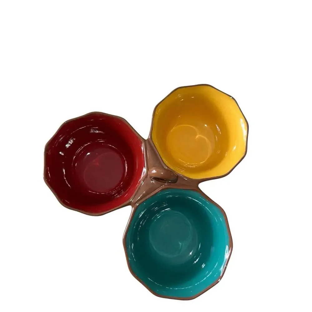 World‎ Market 3-Section Ceramic Condiment Trio Server Salsa Dip Bowl Scalloped